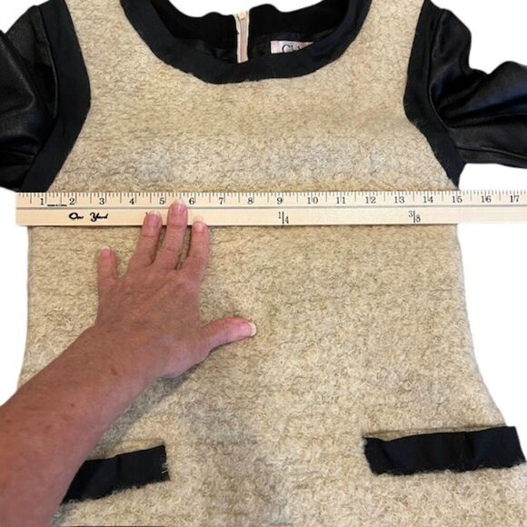 Mixed Material Mini Dress Ghloe Faux Leather, Wool, and Feathers Zip Back Size 4 - Picture 12 of 15